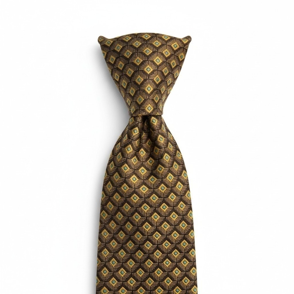 Brioni Necktie Mens Gold Blue Geometric Diamond Silk Italian Hand Finished Tie